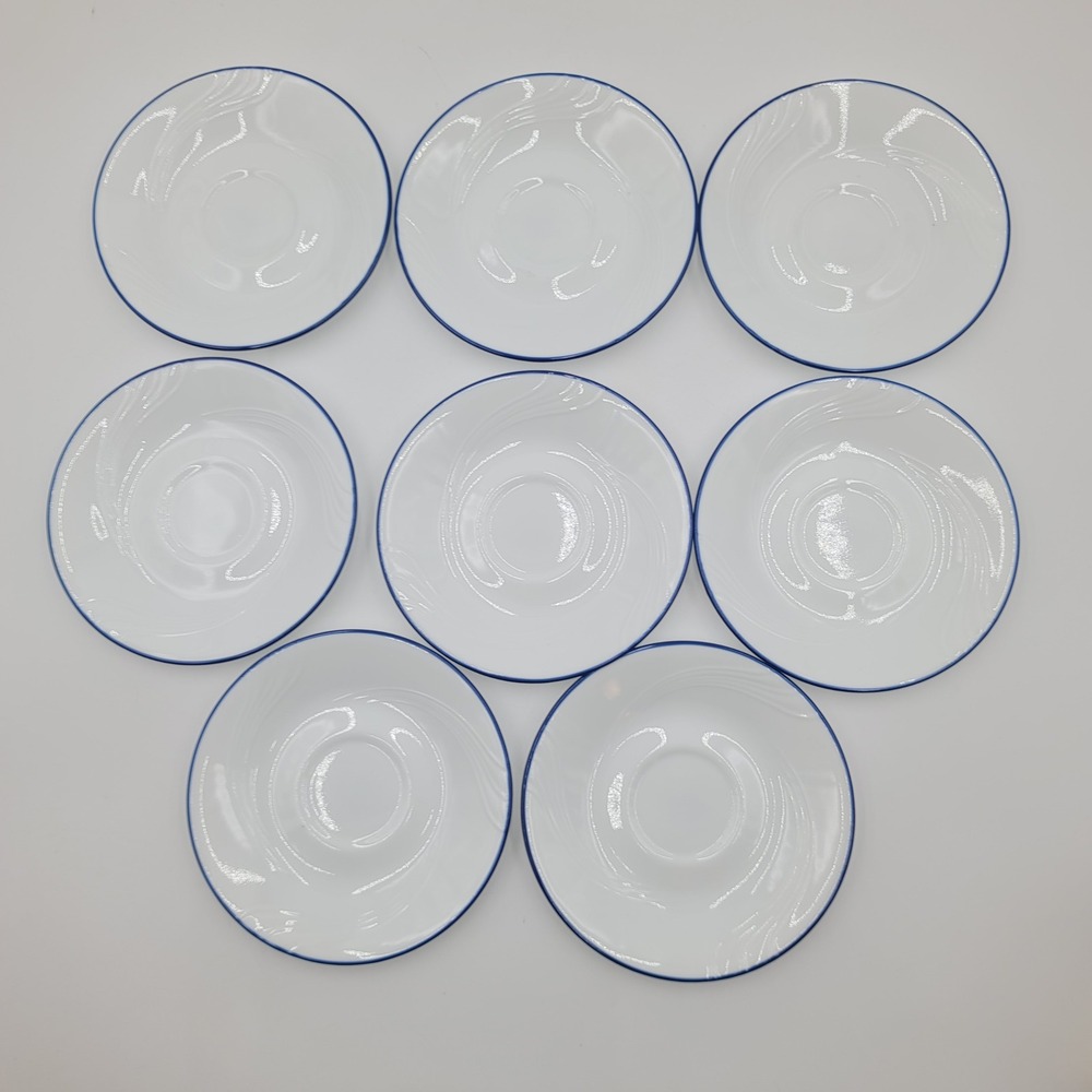 8pc Corelle Celestial Blue Swirl Saucers Blue Rim White Vitrelle 6.25 Inch USA